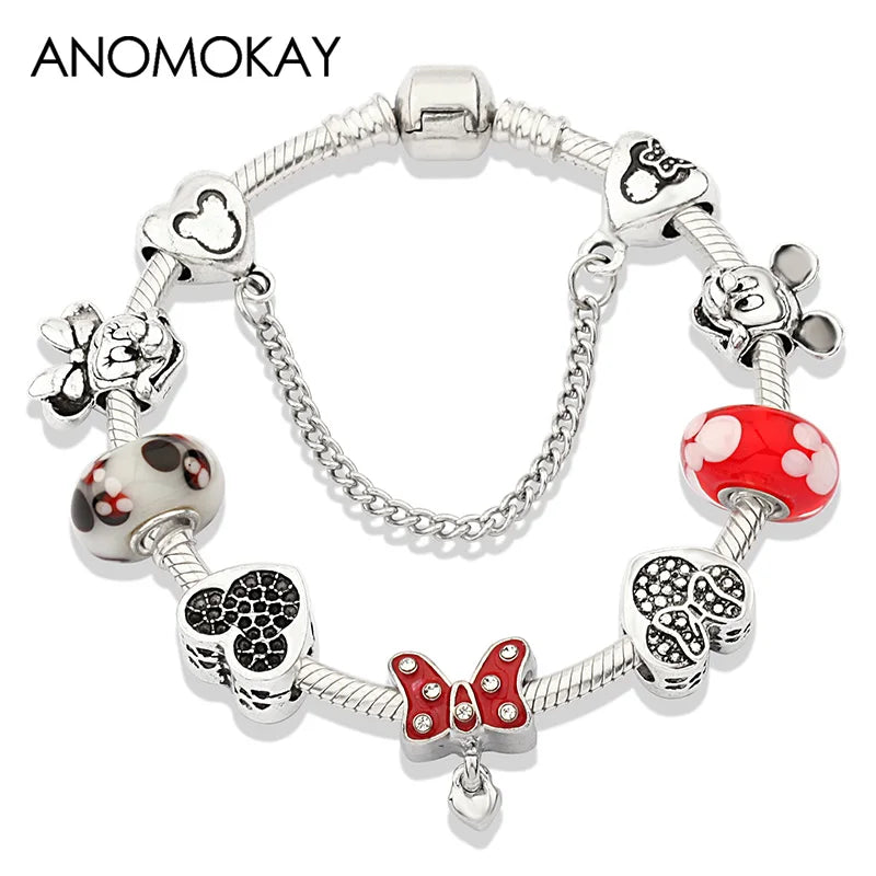 Dropshipping HOT Red Crystal Mickey Minnie Beads Bracelet & Bangle Silver Plated Family Charm Bracelet Fashion Diy Jewelry Gift