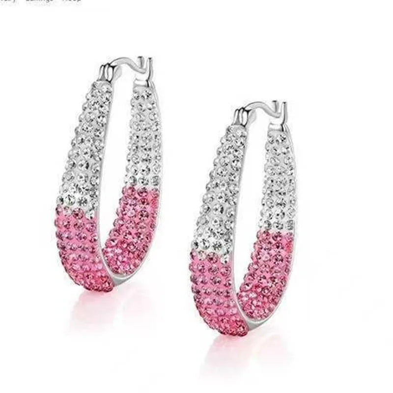 Colorful Double Color Rhinestone Crystal Round Big Circle Hoop Earrings for Women Party Wedding Engagement Jewelry