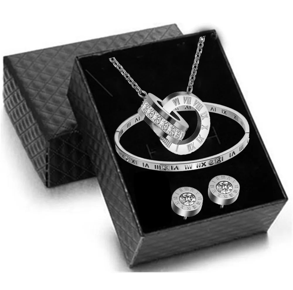 Luxury Roman Numeral Necklace Earring Bracelet Ring Set For Women Never Fade 316L Stainless Steel Wedding Jewelry Set Gift Box