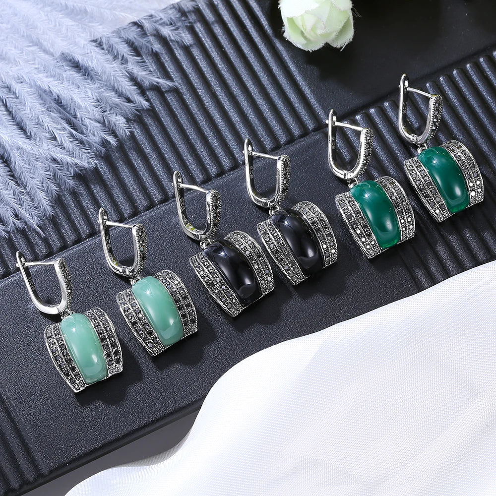 Luxury Geometric Red Black Green Stone Earrings For Women Antique Silver Color Black Rhinestone Drop Earrings Original