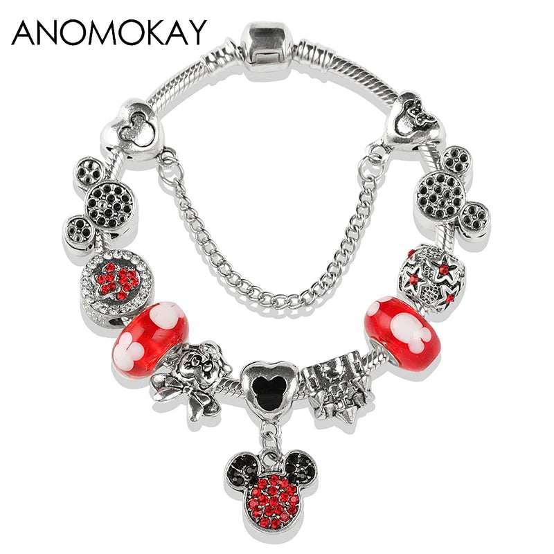 Dropshipping HOT Red Crystal Mickey Minnie Beads Bracelet & Bangle Silver Plated Family Charm Bracelet Fashion Diy Jewelry Gift