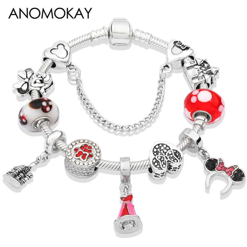 Dropshipping HOT Red Crystal Mickey Minnie Beads Bracelet & Bangle Silver Plated Family Charm Bracelet Fashion Diy Jewelry Gift