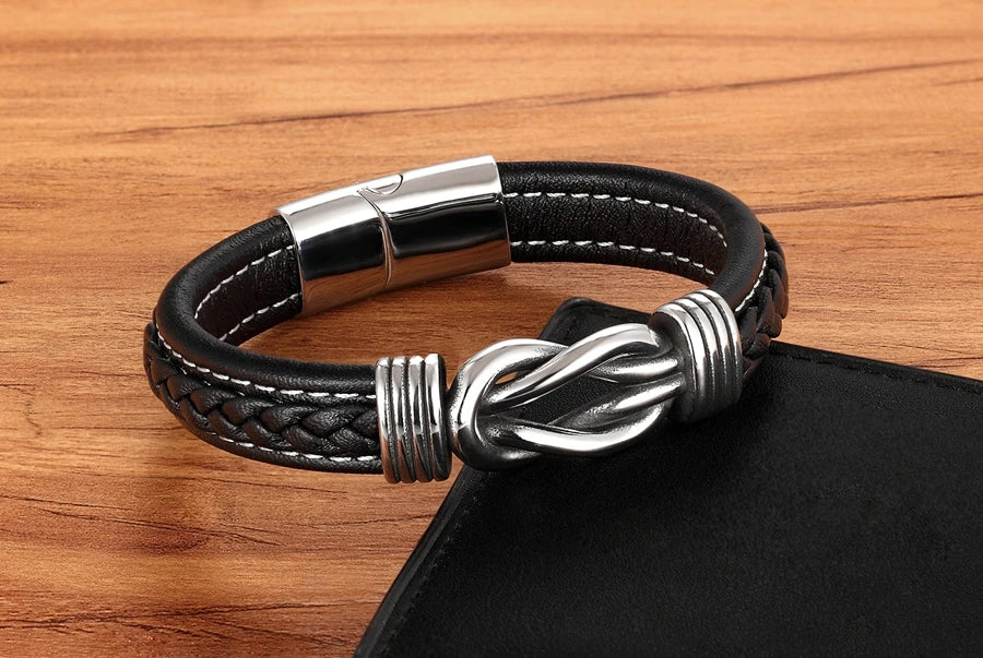 XQNI Fashion Irregular Graphic Accessories Men's Leather Bracelet Stainless Steel Combination for Birthday Commemorative Gifts