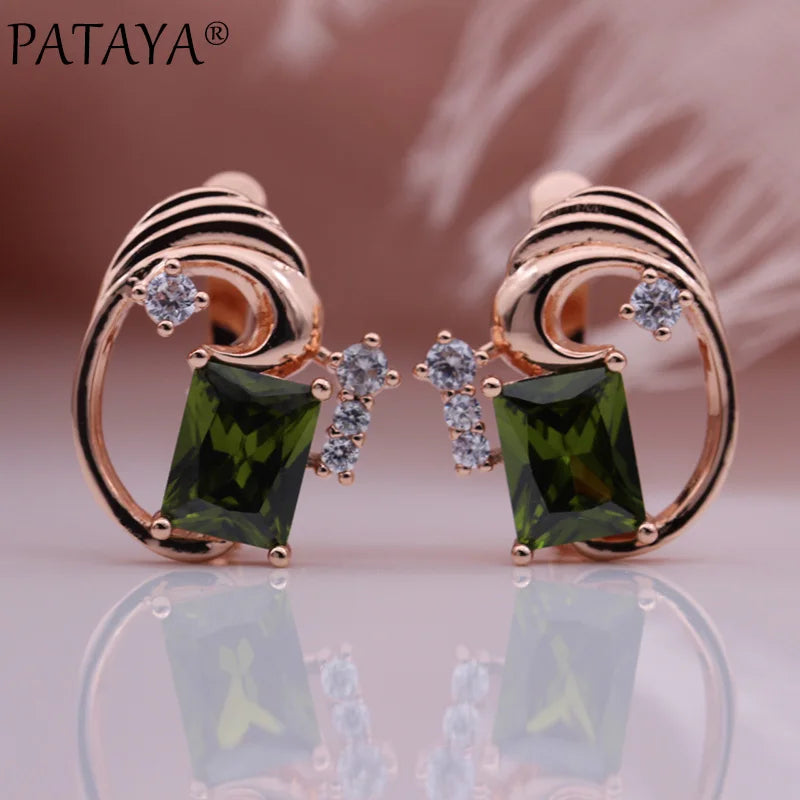 PATAYA Square Olive Green Natural Cubic Zircon Earrings Bridal 585 Rose Gold Color Drop Earrings Women Wedding Party Jewelry