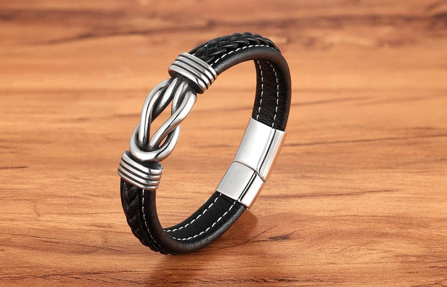 XQNI Fashion Irregular Graphic Accessories Men's Leather Bracelet Stainless Steel Combination for Birthday Commemorative Gifts