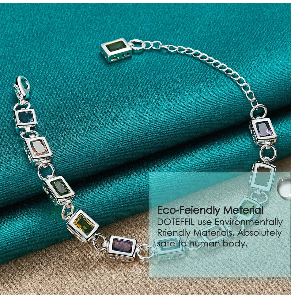 DOTEFFIL 925 Sterling Silver Square inlaid With Multi-color AAA Zircon Bracelet Chain For Woman Engagement Party Wedding Jewelry