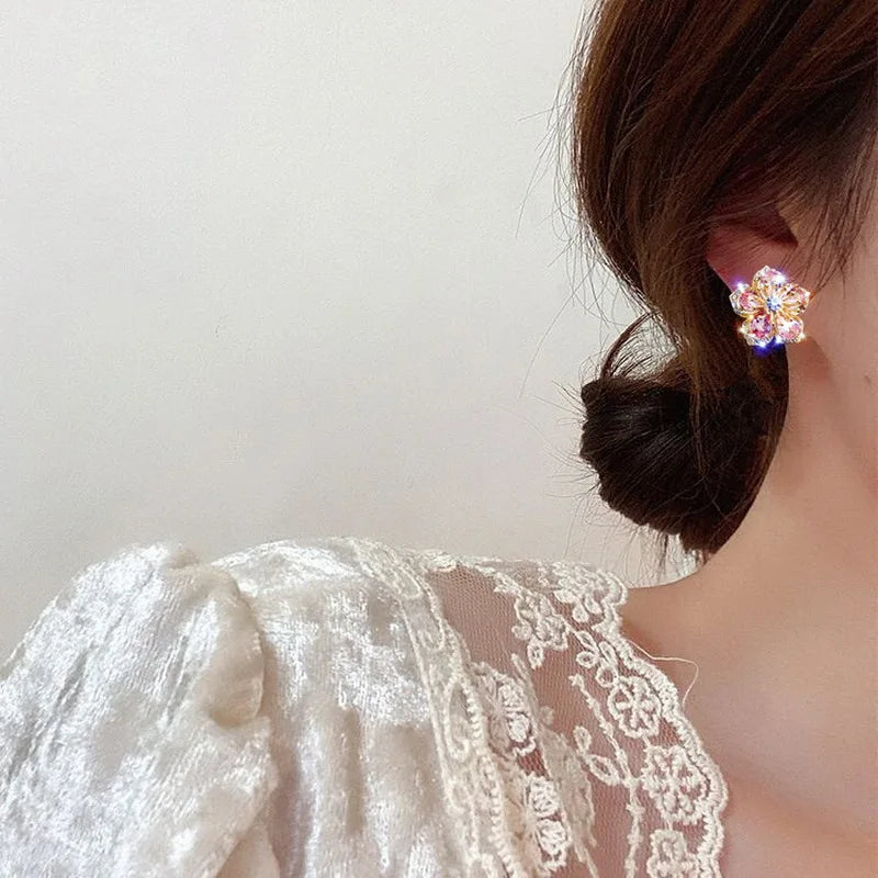 Korean Light Luxury Crystal Flower Earrings for Women Pink Sweet Cherry Blossom Zircon Earrings Girls Party Jewelry Bijoux Gifts