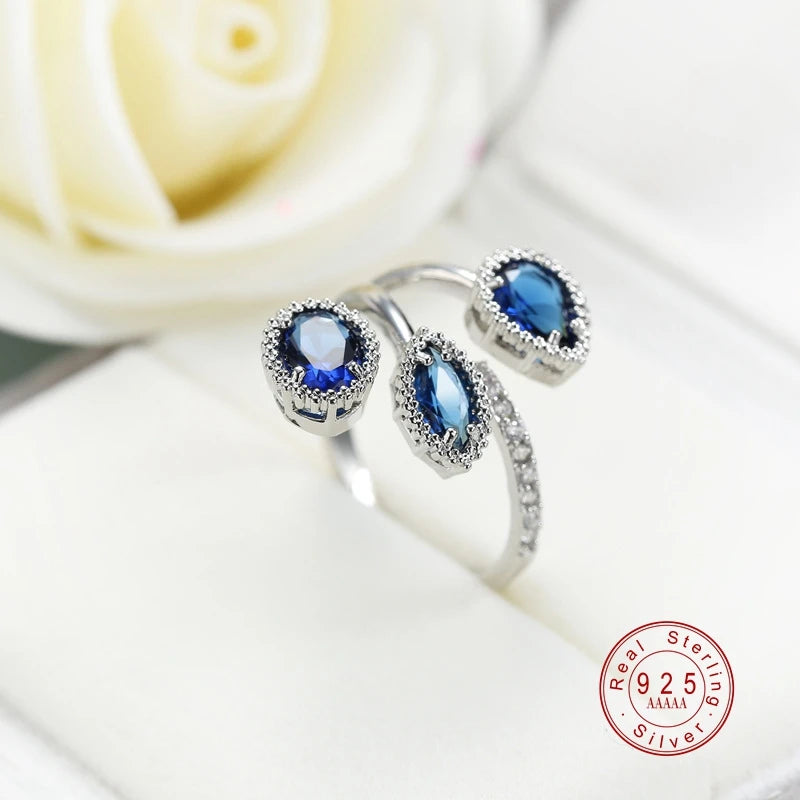 Classic 925 Sterling Silver High Quality Clear Blue Sparking CZ Geometric Stackable Opening Rings for Women Wedding Jewelry Gift