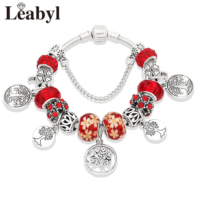 Dropshipping Silver Color Tree of Life Fashion Bead Bracelets Green Leaf Floral Crystal Charm Bracelet & Bangle Pulsera Jewelry