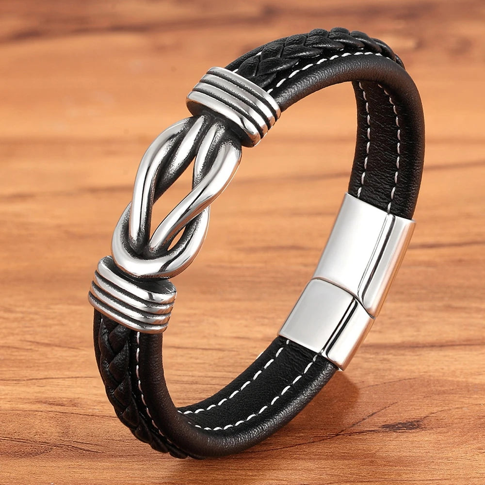 XQNI Fashion Irregular Graphic Accessories Men's Leather Bracelet Stainless Steel Combination for Birthday Commemorative Gifts