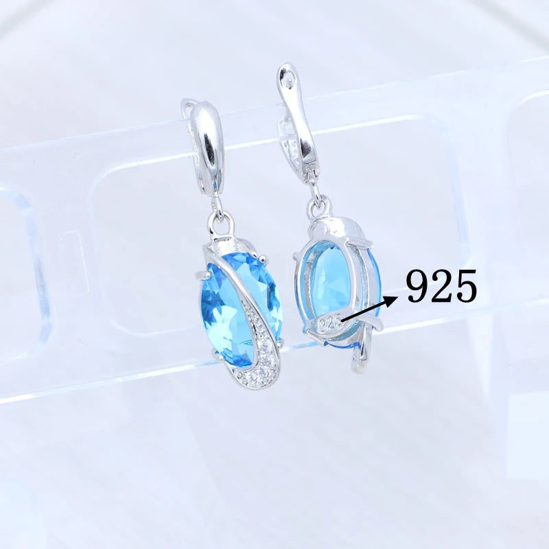 Woman Earrings Sky Blue Topaz Stone 925 Sterling Silver Bridal Earrings Shiny Crystal Classic Jewelry Free Gift Box