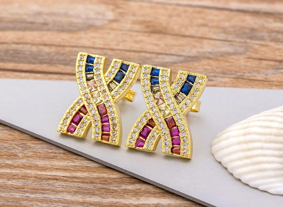 Nidin Luxury Female Crystal Zircon Stone Earrings Fashion Copper CZ Rainbow Jewelry Romantic Boho Stud Earrings For Women Girls