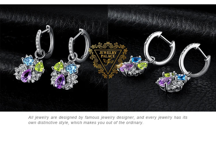 JewelryPalace Natural Amethyst Blue Topaz Peridot Chrome Diopside Flower Dangle Drop Earrings 925 Sterling Silver Women Jewelry