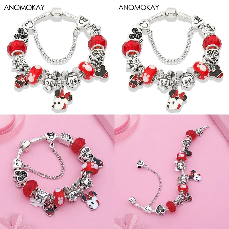 Dropshipping HOT Red Crystal Mickey Minnie Beads Bracelet & Bangle Silver Plated Family Charm Bracelet Fashion Diy Jewelry Gift