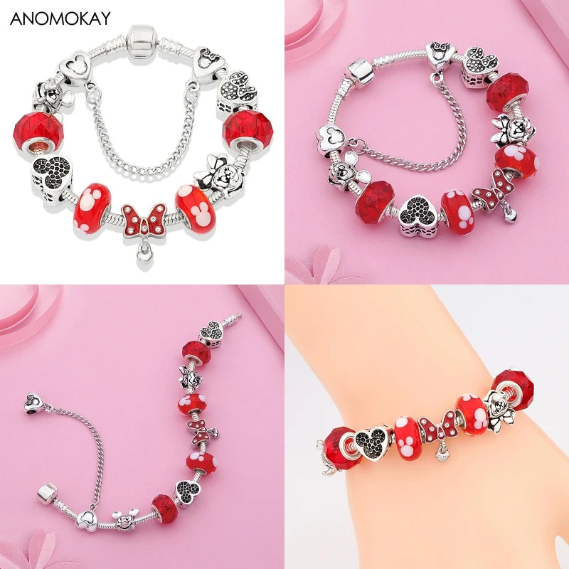 Dropshipping HOT Red Crystal Mickey Minnie Beads Bracelet & Bangle Silver Plated Family Charm Bracelet Fashion Diy Jewelry Gift