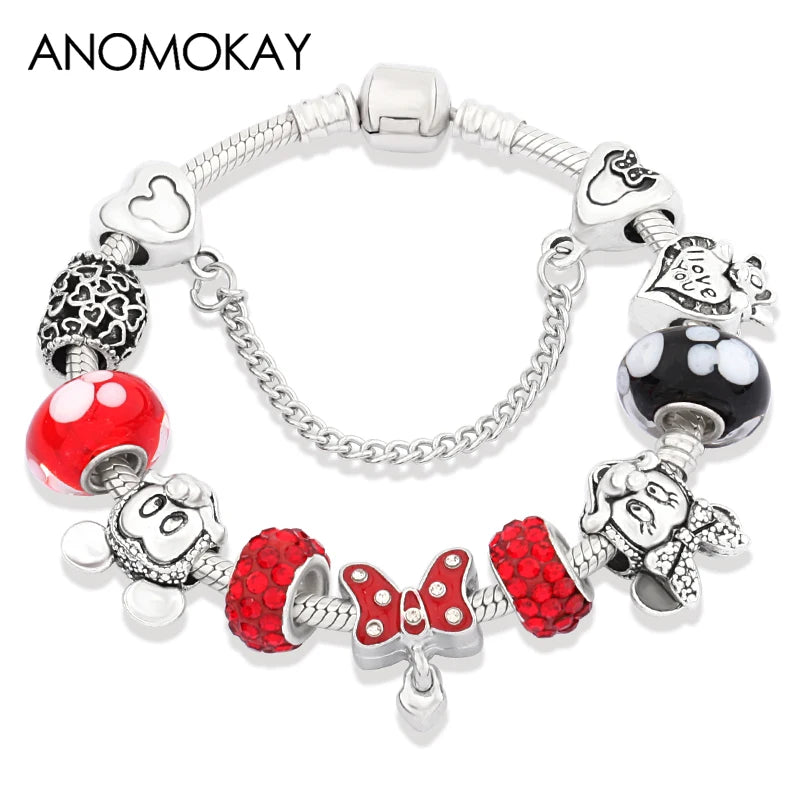 Dropshipping HOT Red Crystal Mickey Minnie Beads Bracelet & Bangle Silver Plated Family Charm Bracelet Fashion Diy Jewelry Gift