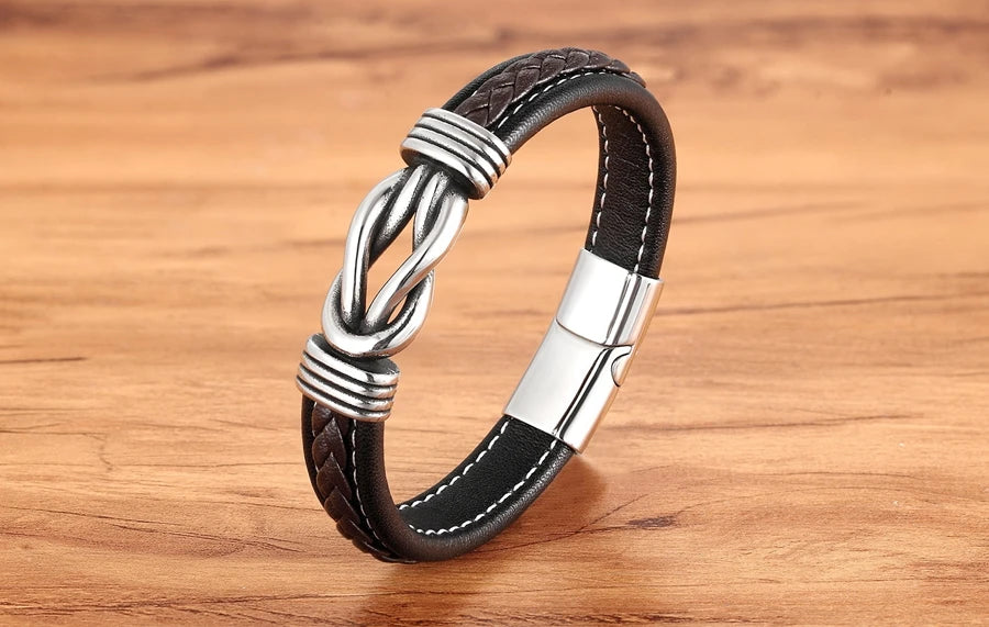 XQNI Fashion Irregular Graphic Accessories Men's Leather Bracelet Stainless Steel Combination for Birthday Commemorative Gifts