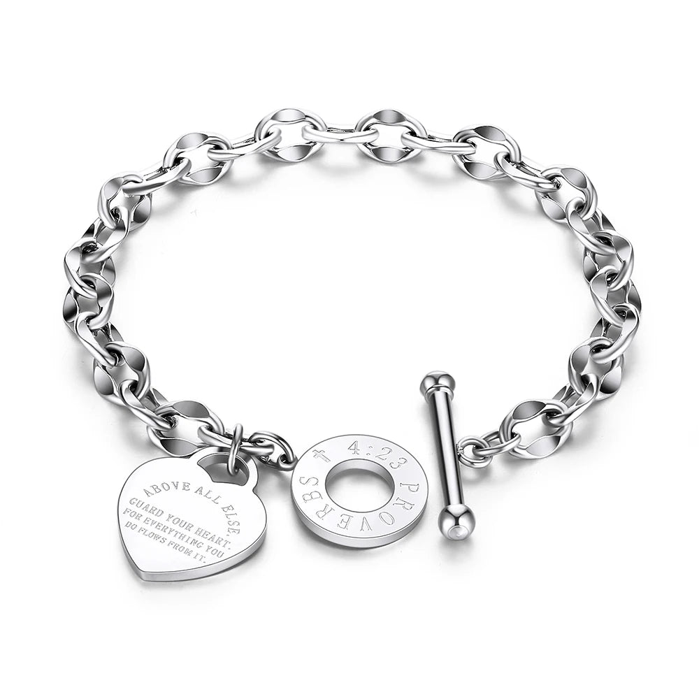 Lokaer Trendy Titanium Stainless Steel Heart Charm Bracelet Necklace Sets Classic Love Bible Proverbs 4:23 O-Chain Jewelry SE056