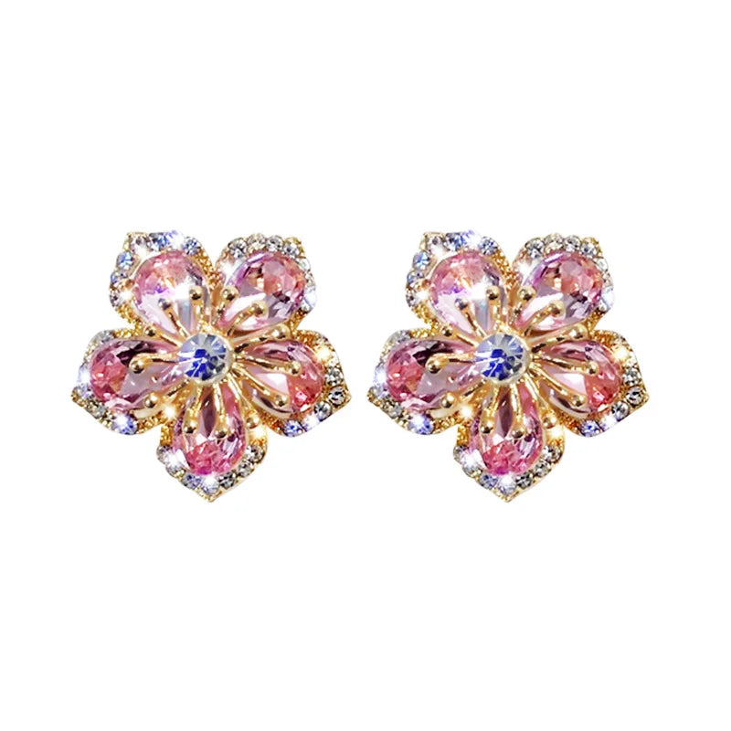 Korean Light Luxury Crystal Flower Earrings for Women Pink Sweet Cherry Blossom Zircon Earrings Girls Party Jewelry Bijoux Gifts