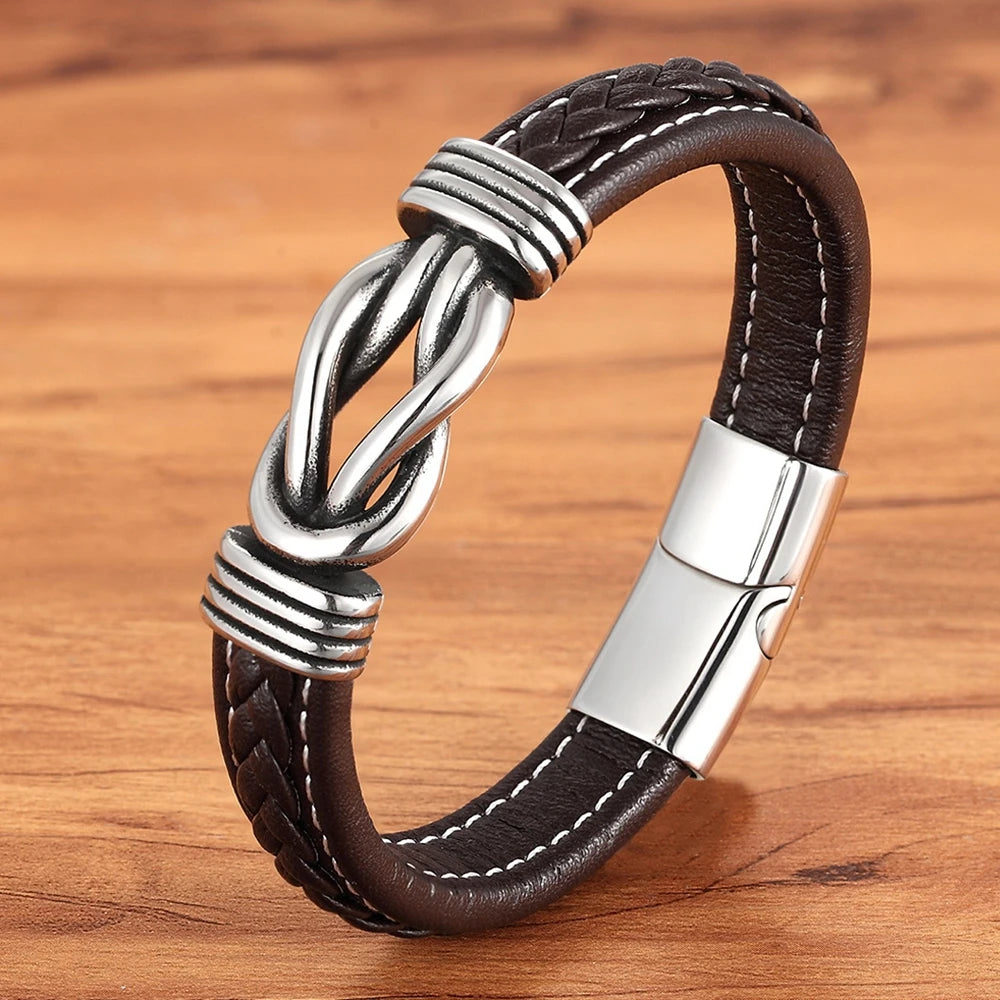 XQNI Fashion Irregular Graphic Accessories Men's Leather Bracelet Stainless Steel Combination for Birthday Commemorative Gifts