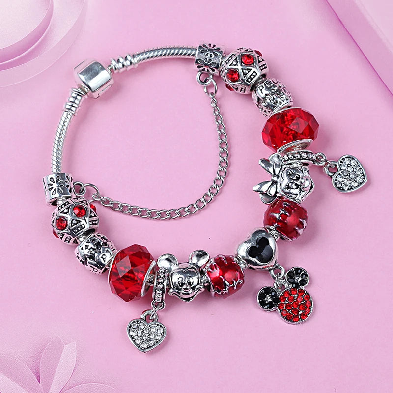 Dropshipping HOT Red Crystal Mickey Minnie Beads Bracelet & Bangle Silver Plated Family Charm Bracelet Fashion Diy Jewelry Gift