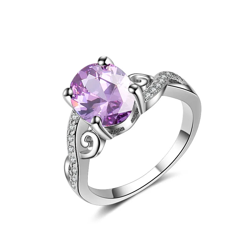 Fashion Rings for Women 925 Silver Jewelry Oval Shape Amethyst Zircon Gemstone Finger Ring Wedding Engagement Party Accessories