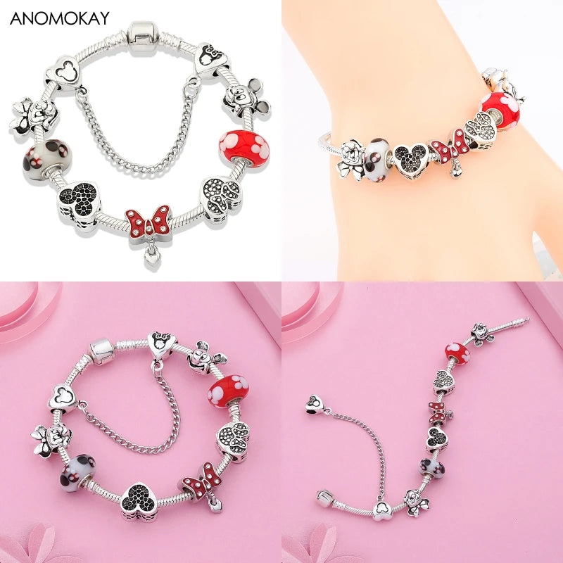 Dropshipping HOT Red Crystal Mickey Minnie Beads Bracelet & Bangle Silver Plated Family Charm Bracelet Fashion Diy Jewelry Gift