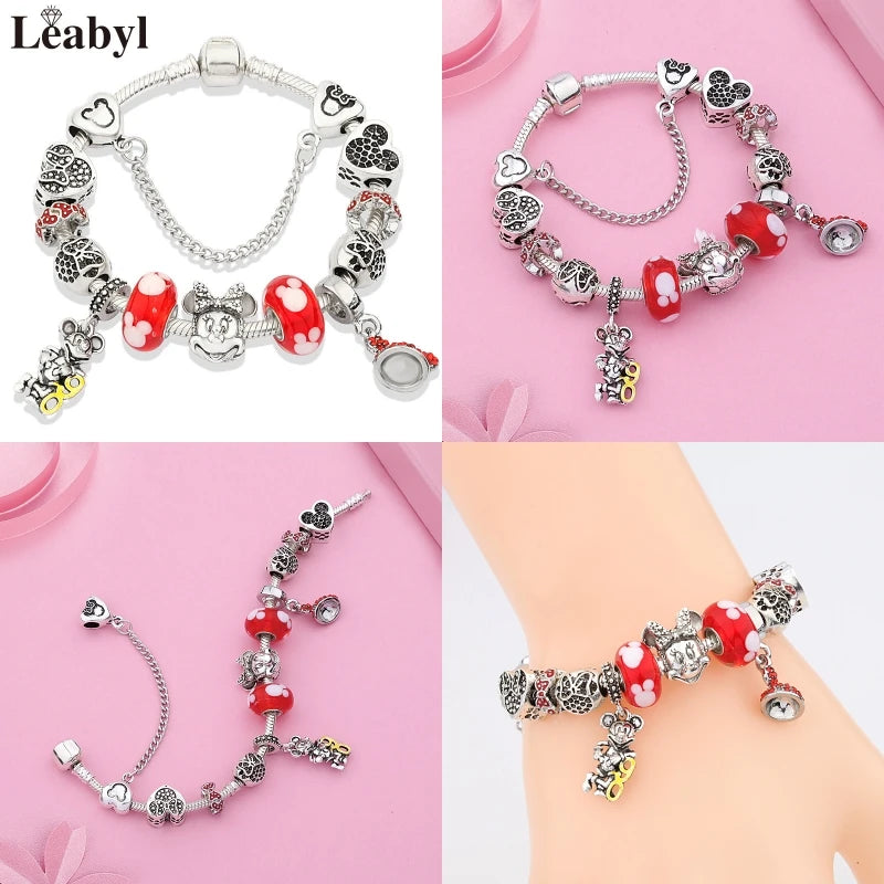 New In Cartoon Mickey Minnie Pendant Charm Bracelet Heart Bowknot Beaded Bracelets & Bangles