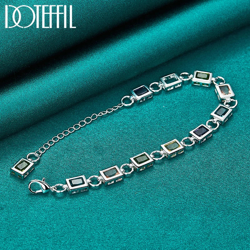 DOTEFFIL 925 Sterling Silver Square inlaid With Multi-color AAA Zircon Bracelet Chain For Woman Engagement Party Wedding Jewelry