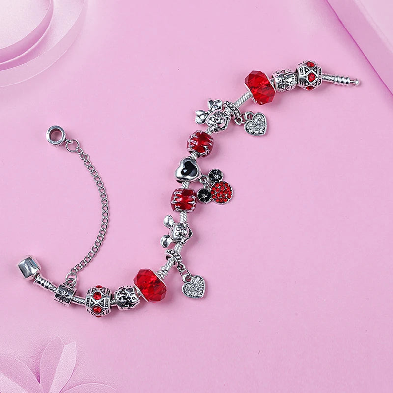 Dropshipping HOT Red Crystal Mickey Minnie Beads Bracelet & Bangle Silver Plated Family Charm Bracelet Fashion Diy Jewelry Gift