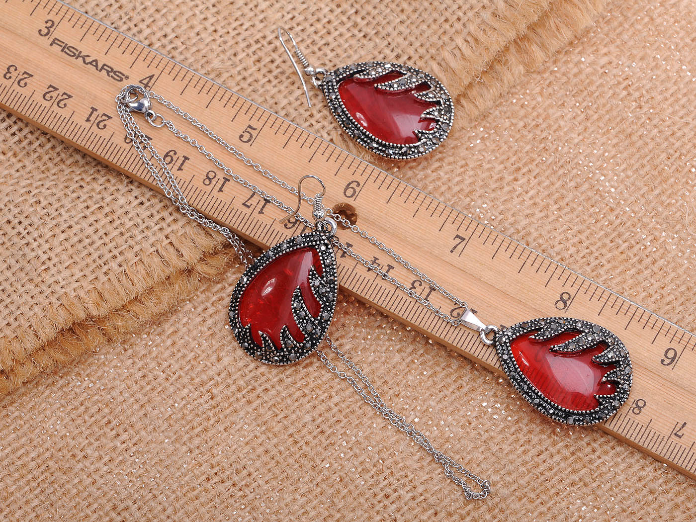 Silver Tone Gunmetal Faux Ruby Great Gatsby Flapper Stone Pendant Necklace Earring Set