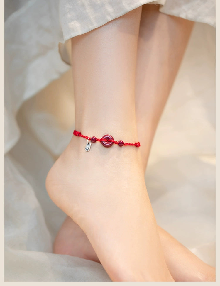 Cinnabar Safety Buckle Bracelet Women's Natural Red Rope Braid Carrying Strap Bracelet Sterling Silver Anklet Official Flagship Store