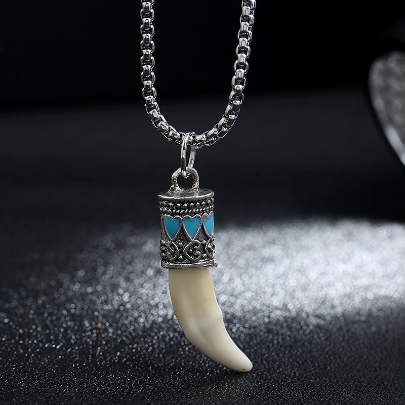 Titanium Steel Tibetan Silver Inlaid Tide Cool Air Wolf Tooth Pendant