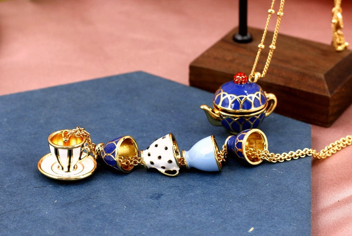 Enamel Glaze Tea Cup Sweater Chain Dress Chain 2024 Fashion Elegant Teapot Accessible Luxury Necklace Female Stylish Stud Earrings