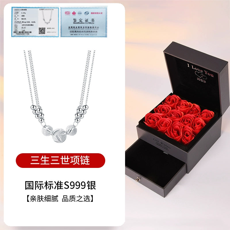 Sansheng III Necklace Women 999 Sterling Silver 2024 New Arrival Silver Jewelry Light Luxury Minority Female Birthday Present for Girlfriend