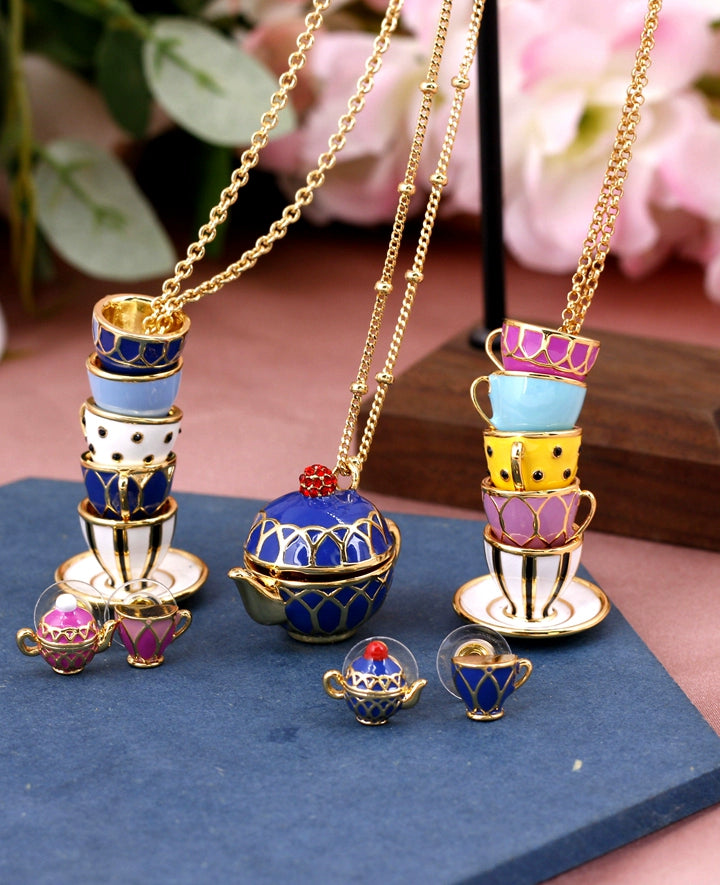 Enamel Glaze Tea Cup Sweater Chain Dress Chain 2024 Fashion Elegant Teapot Accessible Luxury Necklace Female Stylish Stud Earrings