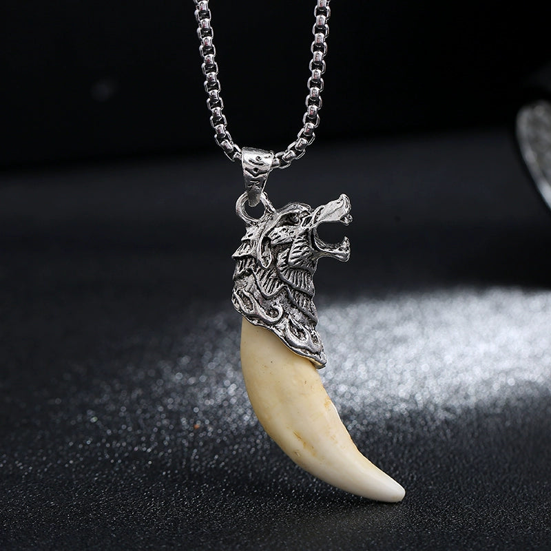 Titanium Steel Tibetan Silver Inlaid Tide Cool Air Wolf Tooth Pendant