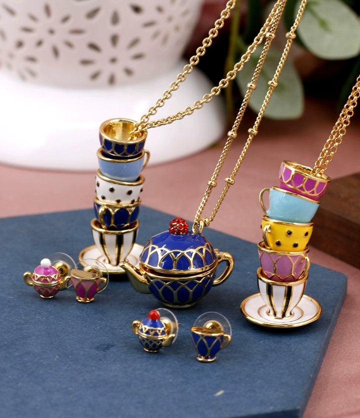 Enamel Glaze Tea Cup Sweater Chain Dress Chain 2024 Fashion Elegant Teapot Accessible Luxury Necklace Female Stylish Stud Earrings