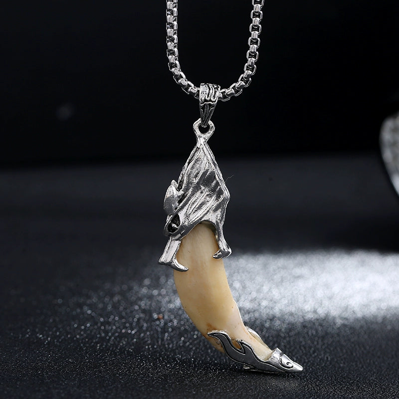 Titanium Steel Tibetan Silver Inlaid Tide Cool Air Wolf Tooth Pendant