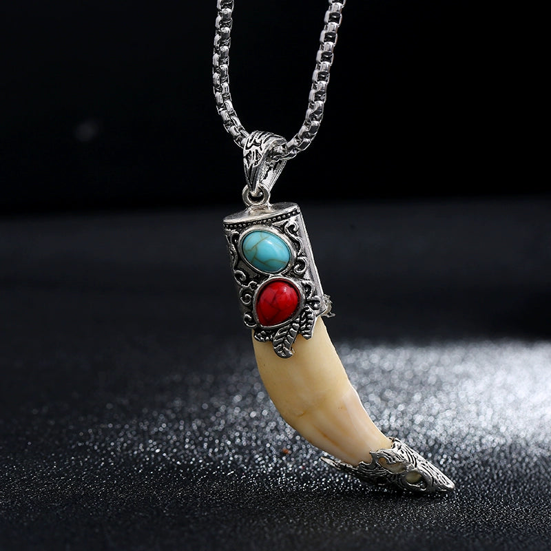 Titanium Steel Tibetan Silver Inlaid Tide Cool Air Wolf Tooth Pendant