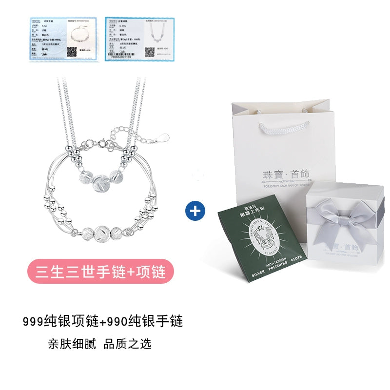 Sansheng III Necklace Women 999 Sterling Silver 2024 New Arrival Silver Jewelry Light Luxury Minority Female Birthday Present for Girlfriend