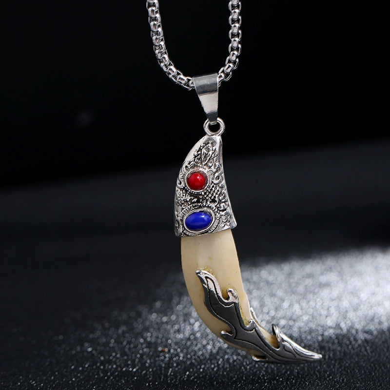 Titanium Steel Tibetan Silver Inlaid Tide Cool Air Wolf Tooth Pendant