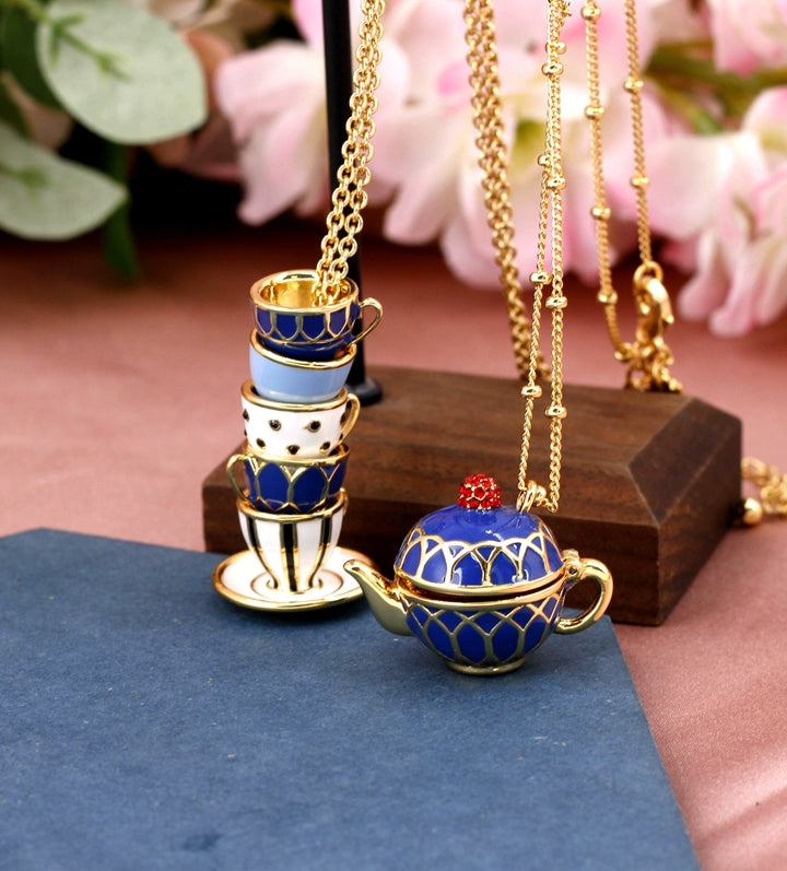 Enamel Glaze Tea Cup Sweater Chain Dress Chain 2024 Fashion Elegant Teapot Accessible Luxury Necklace Female Stylish Stud Earrings