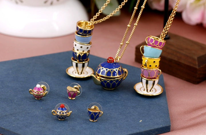 Enamel Glaze Tea Cup Sweater Chain Dress Chain 2024 Fashion Elegant Teapot Accessible Luxury Necklace Female Stylish Stud Earrings