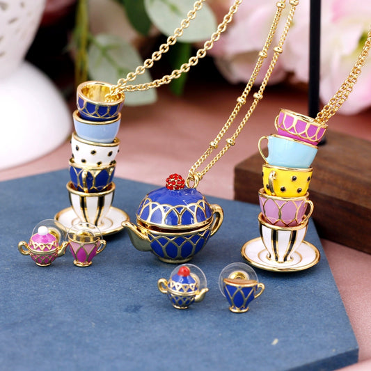 Enamel Glaze Tea Cup Sweater Chain Dress Chain 2024 Fashion Elegant Teapot Accessible Luxury Necklace Female Stylish Stud Earrings