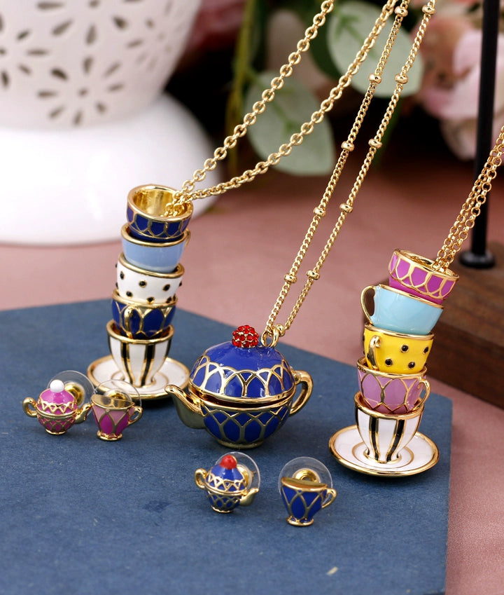 Enamel Glaze Tea Cup Sweater Chain Dress Chain 2024 Fashion Elegant Teapot Accessible Luxury Necklace Female Stylish Stud Earrings