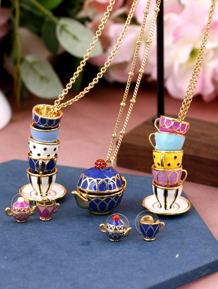 Enamel Glaze Tea Cup Sweater Chain Dress Chain 2024 Fashion Elegant Teapot Accessible Luxury Necklace Female Stylish Stud Earrings