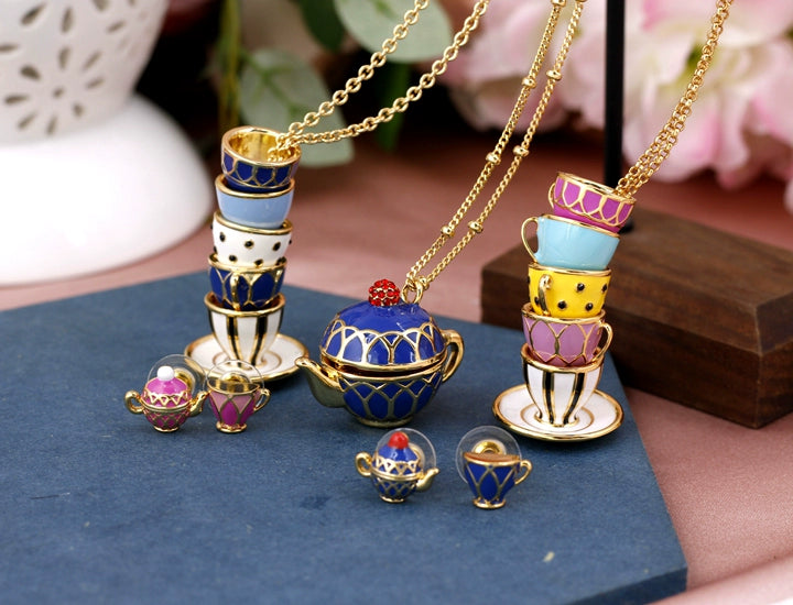 Enamel Glaze Tea Cup Sweater Chain Dress Chain 2024 Fashion Elegant Teapot Accessible Luxury Necklace Female Stylish Stud Earrings