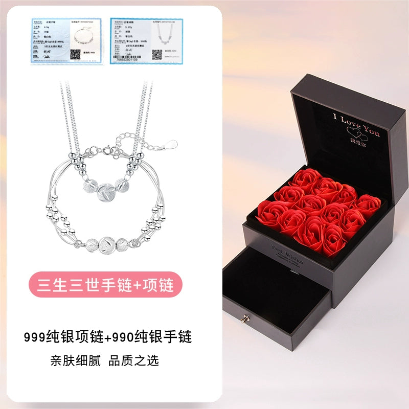 Sansheng III Necklace Women 999 Sterling Silver 2024 New Arrival Silver Jewelry Light Luxury Minority Female Birthday Present for Girlfriend