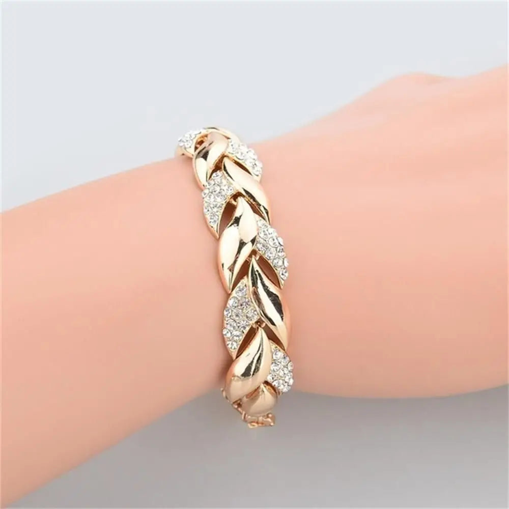 Luxury Fashion 18K Gold Braided Leaf Bracelets Bridal Wedding Jewelry Shiny Crystal Bangle